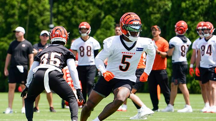Cincinnati Bengals wide receiver Tee Higgins (5) runs drills during minicamp, Tuesday, June 16, 2026, at Kettering Health Practice Fields in downtown Cincinnati.