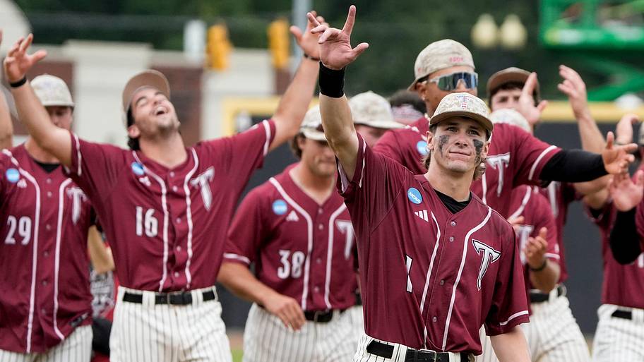 Troy’s Steven Meier celebrates after defeating Arkansas Little Rock in game two of their NCAA Baseball Super Regional.