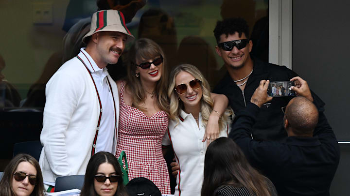 Travis Kelce, Taylor Swift, Brittany Mahomes, and Patrick Mahomes attend the US Open men's final