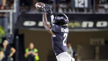 Sep 16, 2023; Orlando, Florida, USA; UCF Knights wide receiver Kobe Hudson (2) catches a pass during the second quarter against the Villanova Wildcats at FBC Mortgage Stadium. Mandatory Credit: Mike Watters-USA TODAY Sports