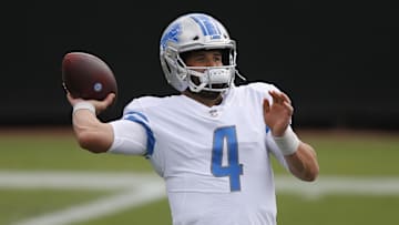 Oct 18, 2020; Jacksonville, Florida, USA; Detroit Lions quarterback Chase Daniel (4) throws a pass during warmups before a game against the Jacksonville Jaguars at TIAA Bank Field. Mandatory Credit: Reinhold Matay-Imagn Images