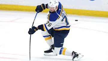 May 4, 2025; Winnipeg, Manitoba, CAN; St. Louis Blues right wing Zack Bolduc (76) warms up before a game against the Winnipeg Jets in game seven of the first round of the 2025 Stanley Cup Playoffs at Canada Life Centre. Mandatory Credit: James Carey Lauder-Imagn Images