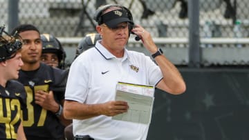 Sep 30, 2023; Orlando, Florida, USA; UCF Knights head coach Gus Malzahn walks the sideline during the second half against the Baylor Bears at FBC Mortgage Stadium. Mandatory Credit: Mike Watters-USA TODAY Sports