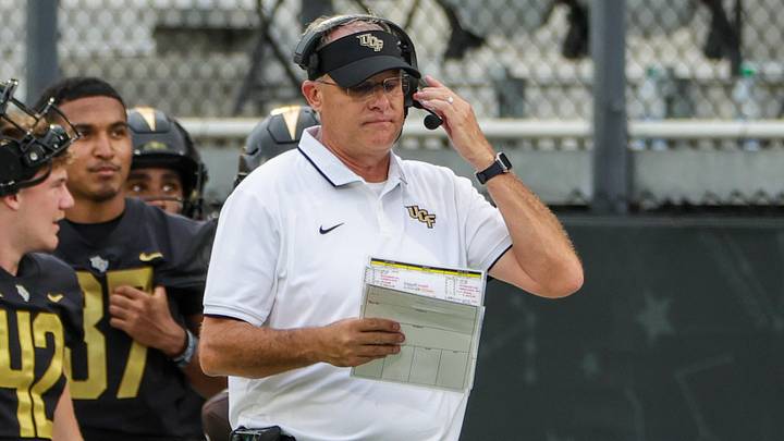 Sep 30, 2023; Orlando, Florida, USA; UCF Knights head coach Gus Malzahn walks the sideline during the second half against the Baylor Bears at FBC Mortgage Stadium. Mandatory Credit: Mike Watters-USA TODAY Sports