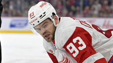 Detroit Red Wings forward Alex DeBrincat (93) prepares for a face off against the Montreal Canadiens during the third period at the Bell Centre. 