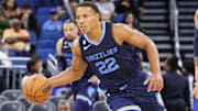 Oct 11, 2022; Orlando, Florida, USA; Memphis Grizzlies guard Desmond Bane (22) brings the ball up court during the second half against the Orlando Magic at Amway Center. Mandatory Credit: Mike Watters-Imagn Images