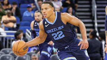 Oct 11, 2022; Orlando, Florida, USA; Memphis Grizzlies guard Desmond Bane (22) brings the ball up court during the second half against the Orlando Magic at Amway Center. Mandatory Credit: Mike Watters-Imagn Images