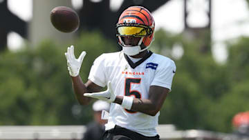 Jun 10, 2025; Cincinnati, OH, USA; Cincinnati Bengals wide receiver Tee Higgins (5) completes a catch during practice at Paycor Stadium. Mandatory Credit: Kareem Elgazzar-Imagn Images