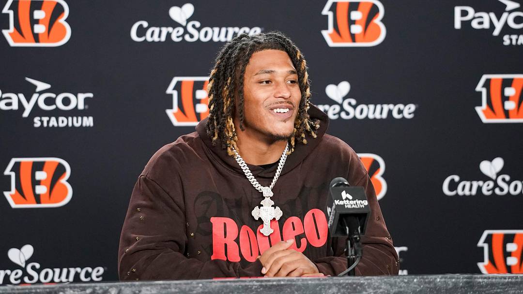 Cincinnati Bengals second round pick Cashius Howell speaks with media during the 2026 NFL Draft, Saturday, April 25, 2026, at Paycor Stadium in downtown Cincinnati.
