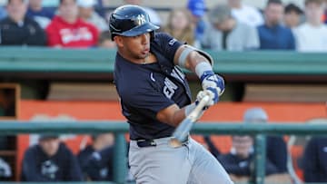 Mar 21, 2025; Lakeland, Florida, USA; New York Yankees shortstop Oswald Peraza (91) bats during the fourth inning against the Detroit Tigers at Publix Field at Joker Marchant Stadium. Mandatory Credit: Mike Watters-Imagn Images