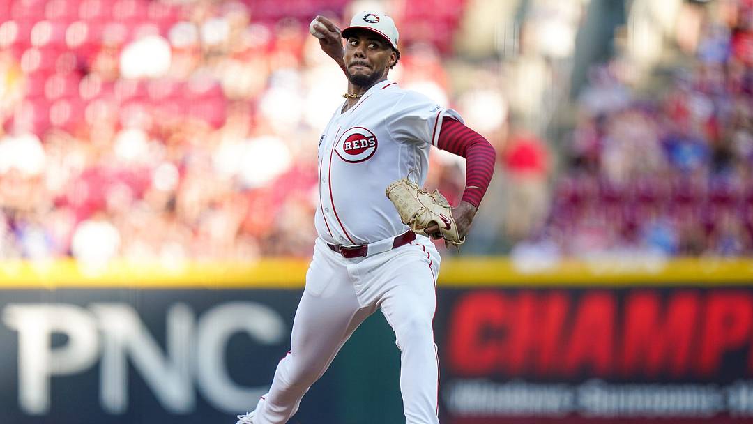 Cincinnati Reds pitcher Hunter Greene (21) throws a pitch in the first inning of a MLB game between the Cincinnati Reds and Baltimore Orioles, Saturday, July 4, 2026, at Great American Ball Park in downtown Cincinnati.