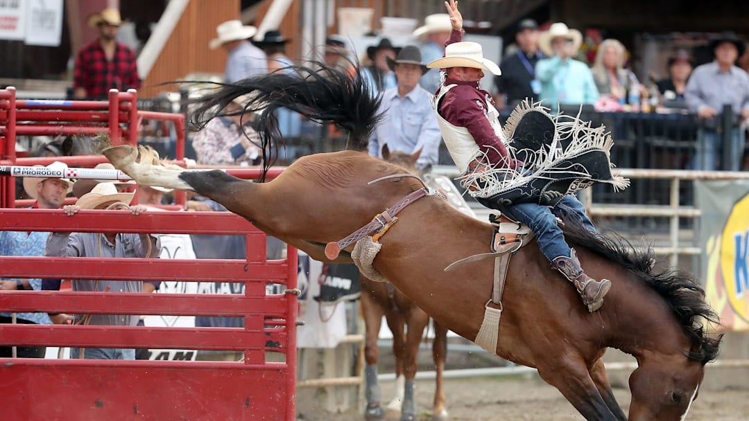 Bareback rider Mason Clements, of Spanish Fork, Utah, rides a bucking horse named Bruno Mars during the opening night of the Kitsap Fair & Stampede rodeo on in Bremerton, Wash. on Wednesday, Aug. 23, 2023.
