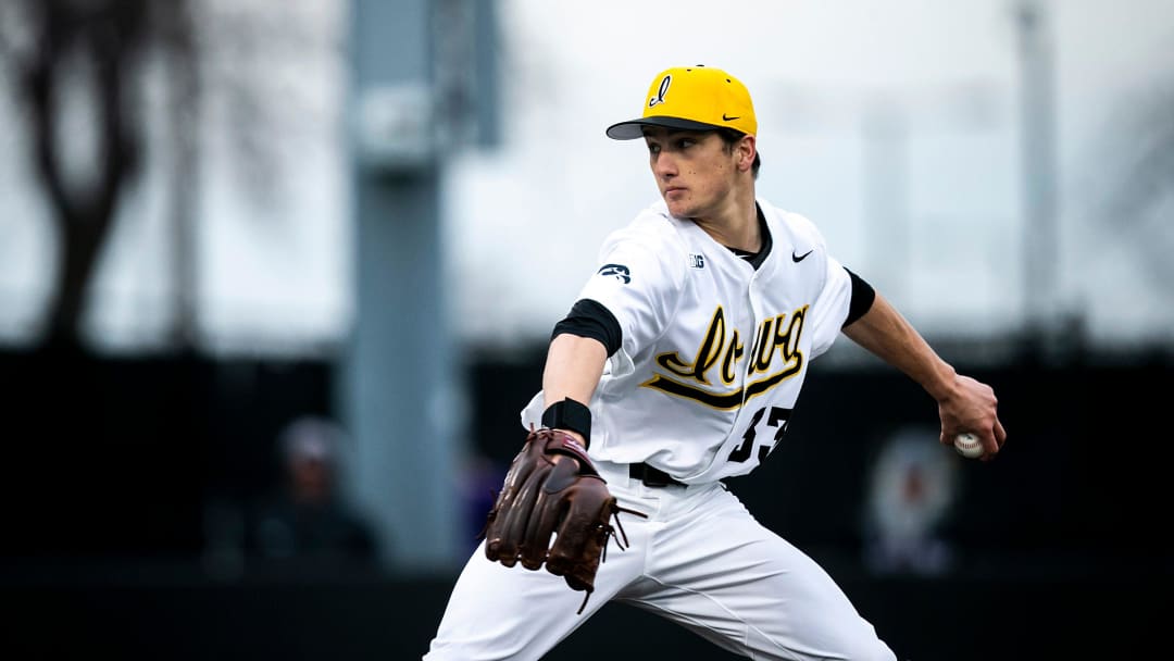 Iowa's Cade Obermueller (33) delivers a pitch during a NCAA baseball game against Loras College, Tuesday, Feb. 28, 2023, at Duane Banks Field in Iowa City, Iowa.

230228 Loras Iowa Bsb 021 Jpg