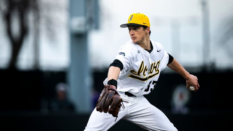 Iowa's Cade Obermueller (33) delivers a pitch during a NCAA baseball game against Loras College, Tuesday, Feb. 28, 2023, at Duane Banks Field in Iowa City, Iowa.

230228 Loras Iowa Bsb 021 Jpg