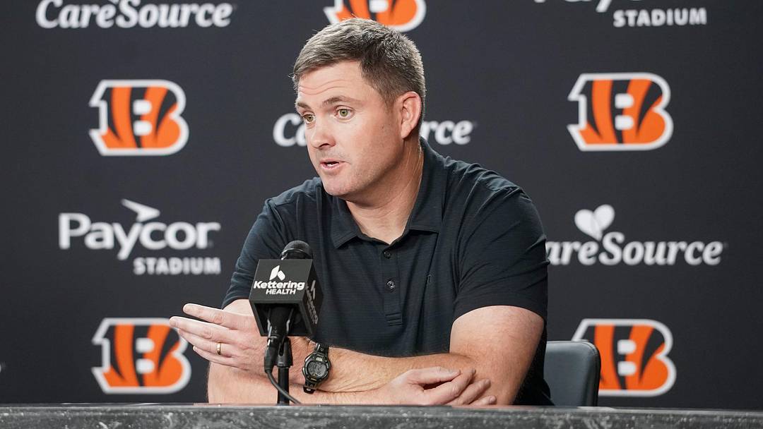 Cincinnati Bengals head coach Zac Taylor speaks with media during the NFL Draft, Saturday, April 25, 2026, at Paycor Stadium in downtown Cincinnati.