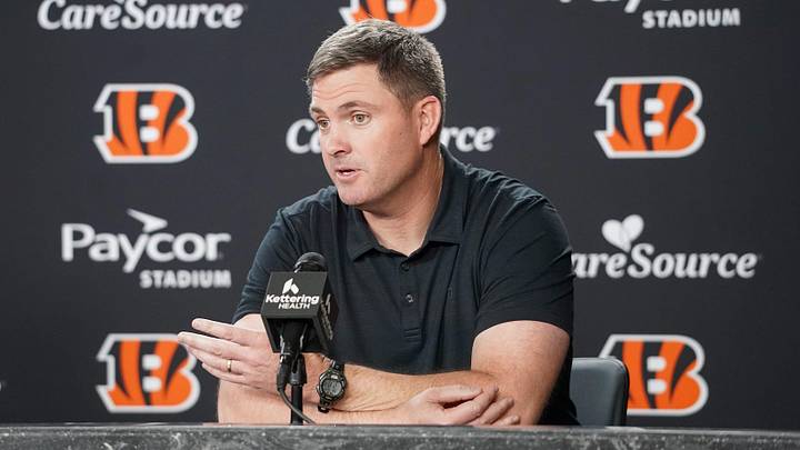 Cincinnati Bengals head coach Zac Taylor speaks with media during the NFL Draft, Saturday, April 25, 2026, at Paycor Stadium in downtown Cincinnati.