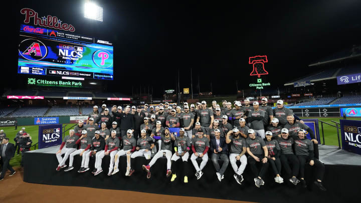 The Arizona Diamondbacks celebrate after defeating the Philadelphia Phillies 4-2 in Game 7 to win the NLCS during Game 7 of the NLCS at Citizens Bank Park in Philadelphia on Oct. 24, 2023.