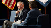 Tom Monaghan (l), the founder of Domino's Pizza and Ave Maria University, and the former owner of the Detroit Tigers Major League Baseball team, speaks to students.
