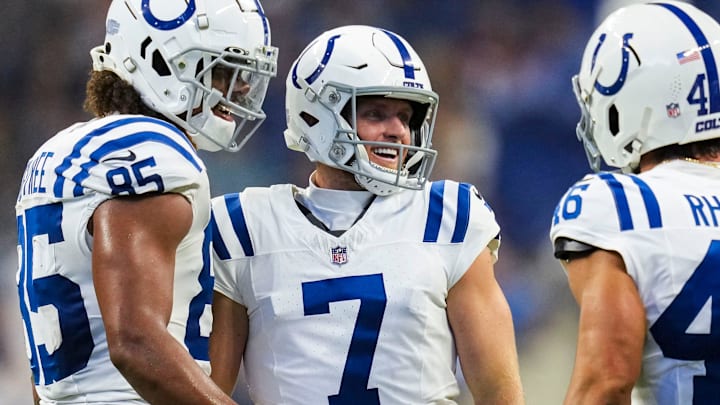 Indianapolis Colts kicker Matt Gay (7) smiles after kicking a field goal Saturday, Aug. 17, 2024, during a preseason game between the Indianapolis Colts and the Arizona Cardinals at Lucas Oil Stadium in Indianapolis. The Colts defeated the Cardinals, 21-13.