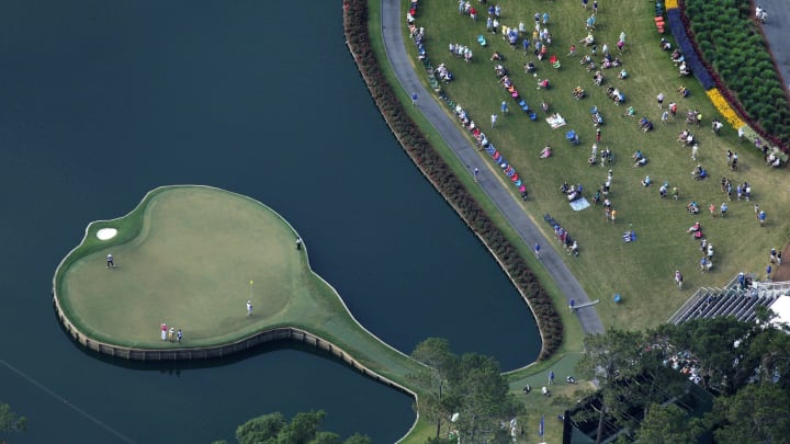 Looking down on the #17 Island Hole Friday morning. The view from the MetLife Blimp flying over The