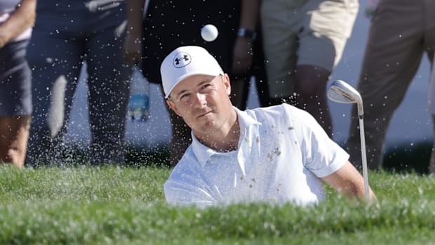 Jordan Spieth plays a bunker shot at the 2025 Cognizant Classic.