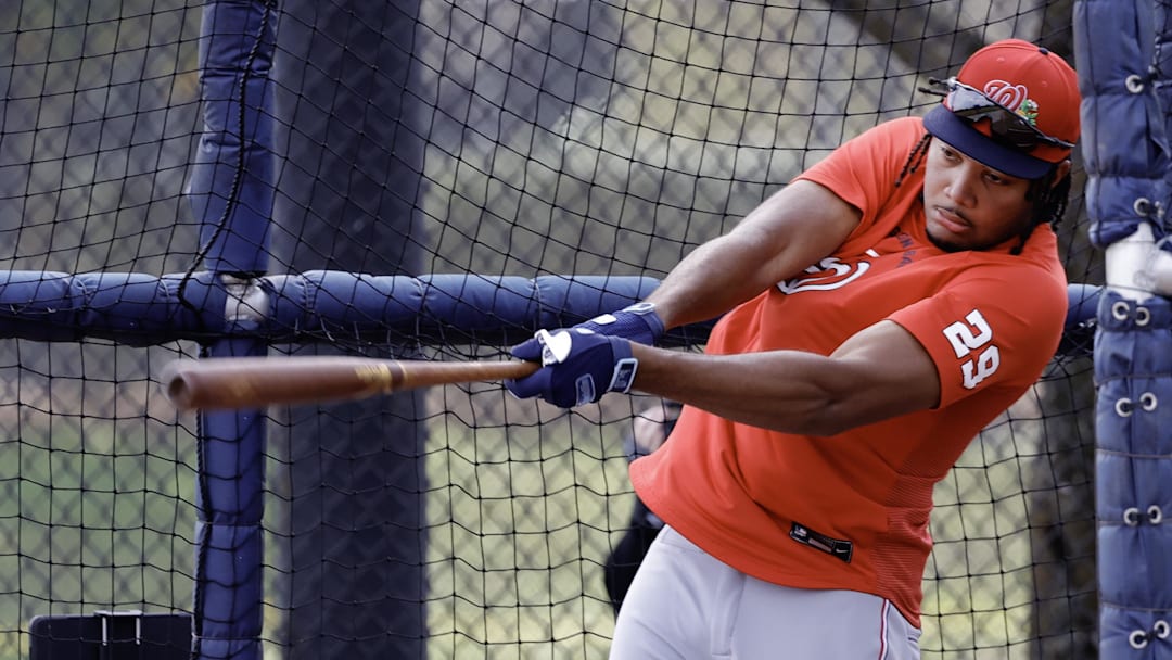 Feb 19, 2026; West Palm Beach, FL, USA;  Washington Nationals left fielder James Wood (29) takes batting practice during spring training workouts at CACTI Park of the Palm Beaches. Mandatory Credit: Reinhold Matay-Imagn Images