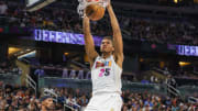 Feb 11, 2023; Orlando, Florida, USA; Miami Heat center Orlando Robinson (25) dunks the ball against the Orlando Magic during the second quarter at Amway Center. Mandatory Credit: Mike Watters-USA TODAY Sports