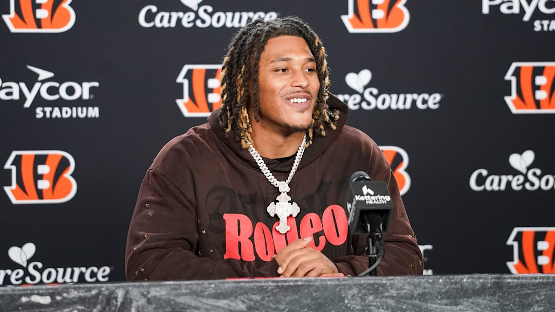 Cincinnati Bengals second round pick Cashius Howell speaks with media during the 2026 NFL Draft, Saturday, April 25, 2026, at Paycor Stadium in downtown Cincinnati.