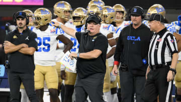 Dec 16, 2023; Inglewood, CA, USA; UCLA Bruins head coach Chip Kelly reacts during the first quarter against the Boise State Broncos in the Starco Brands LA Bowl at SoFi Stadium. Mandatory Credit: Robert Hanashiro-USA TODAY Sports