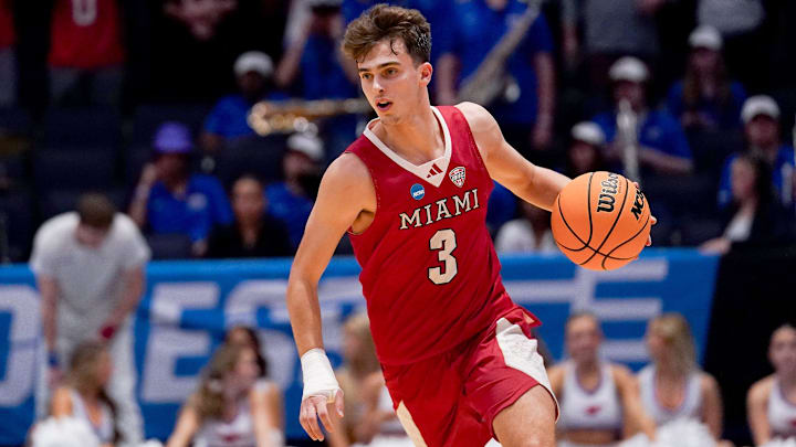 Miami (OH) RedHawks guard Luke Skaljac (3) handles the ball in the second half of the NCAA Tournament First Four game between the Miami Redhawks and Southern Methodist University Mustangs, Wednesday, March 18, 2026, at University of Dayton Arena in Dayton, Oh. RedHawks won 89-79.