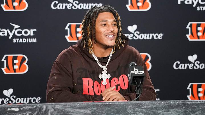 Cincinnati Bengals second round pick Cashius Howell speaks with media during the 2026 NFL Draft, Saturday, April 25, 2026, at Paycor Stadium in downtown Cincinnati.