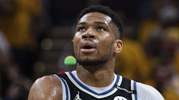 Apr 19, 2025; Indianapolis, Indiana, USA; Milwaukee Bucks forward Giannis Antetokounmpo (34) in the first half against the Indiana Pacers at Gainbridge Fieldhouse. Mandatory Credit: Trevor Ruszkowski-Imagn Images