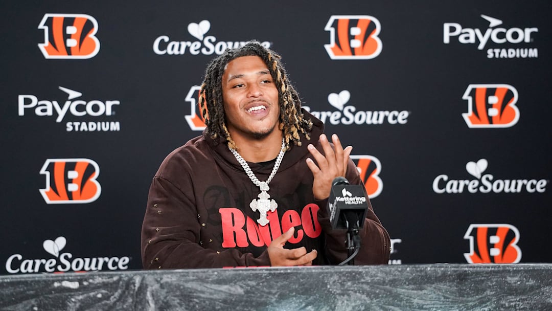 Cincinnati Bengals second round pick Cashius Howell speaks with media during the 2026 NFL Draft, Saturday, April 25, 2026, at Paycor Stadium in downtown Cincinnati.