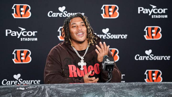 Cincinnati Bengals second round pick Cashius Howell speaks with media during the 2026 NFL Draft, Saturday, April 25, 2026, at Paycor Stadium in downtown Cincinnati.