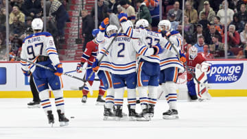 Edmonton Oilers defenseman Evan Bouchard (2) celebrates 