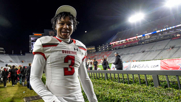 Thompson's Tony Mitchell celebrates after defeating Auburn  the AHSAA 7A State Football Championship