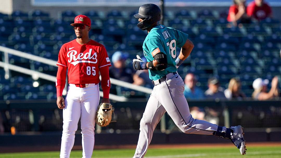 Seattle Mariners center fielder Brennen Davis (78) runs the field after hitting a home run in the ninth inning of a Cactus League game between the Cincinnati Reds and Seattle Mariners, Sunday, Feb. 22, 2026, at Goodyear Ballpark in Goodyear, Ariz. Mariners won 14-8.