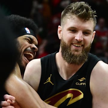 Mar 5, 2024; Cleveland, Ohio, USA; Cleveland Cavaliers center Jarrett Allen (31) and forward Dean Wade (32) celebrate after the Cavaliers beat the Boston Celtics during the second half at Rocket Mortgage FieldHouse. Mandatory Credit: Ken Blaze-Imagn Images