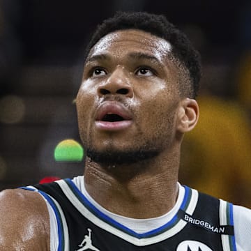 Apr 19, 2025; Indianapolis, Indiana, USA; Milwaukee Bucks forward Giannis Antetokounmpo (34) in the first half against the Indiana Pacers at Gainbridge Fieldhouse. Mandatory Credit: Trevor Ruszkowski-Imagn Images