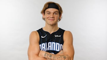 Orlando Magic guard Mac McClung (10) poses for a photo during Media Day at AdventHealth Training Center. 