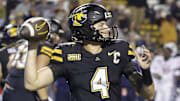 Sep 19, 2024; Boone, North Carolina, USA;  Appalachian State Mountaineers quarterback Joey Aguilar (4) throws a pass against the South Alabama Jaguars during the second quarter at Kidd Brewer Stadium. Mandatory Credit: Reinhold Matay-Imagn Images