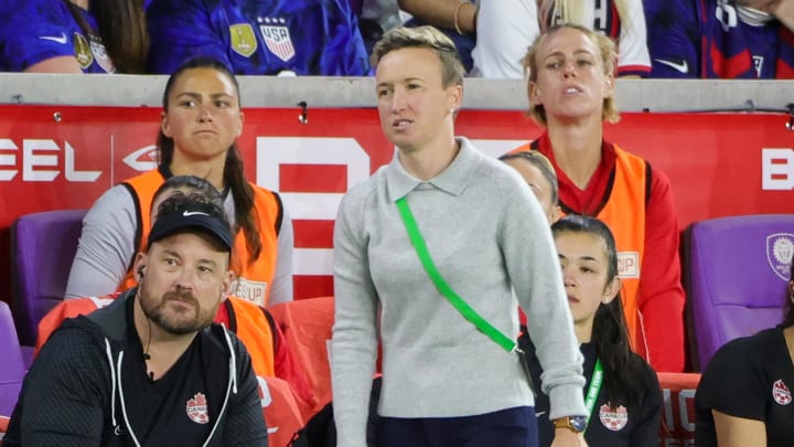 Feb 16, 2023; Orlando, Florida, USA; Canada head coach Bev Priestman looks on during the second half against the USA at Exploria Stadium. Mandatory Credit: Mike Watters-USA TODAY Sports