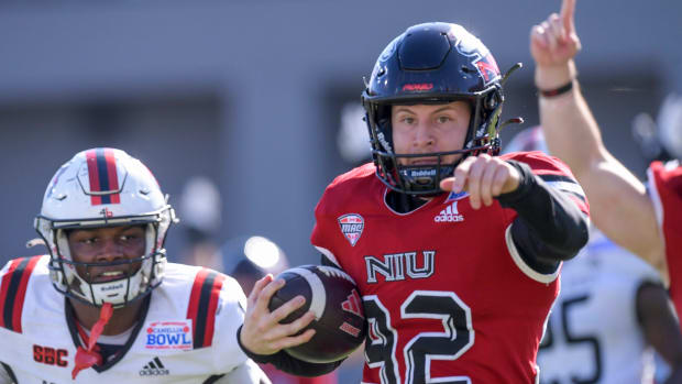 NIU kicker celebrates a fake field goal that scored a touchdown