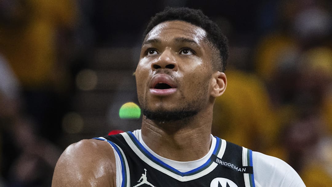 Apr 19, 2025; Indianapolis, Indiana, USA; Milwaukee Bucks forward Giannis Antetokounmpo (34) in the first half against the Indiana Pacers at Gainbridge Fieldhouse. Mandatory Credit: Trevor Ruszkowski-Imagn Images