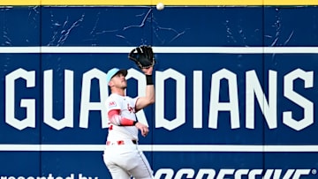 Jul 4, 2025: Cleveland Guardians right fielder Nolan Jones (22) catches a ball hit by Detroit Tigers center fielder Parker Meadows (not pictured) during the fourth inning at Progressive Field. 