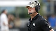 Nov 11, 2017; Orlando, FL, USA; UCF Knights head coach Scott Frost watches the action against Connecticut Huskies during the second half at Spectrum Stadium. Mandatory Credit: Reinhold Matay-Imagn Images
