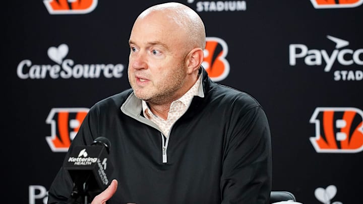 Cincinnati Bengals Director of Player Personnel Duke Tobin addresses the media during a press conference, Friday, Jan. 9, 2026, at Paycor Stadium in downtown Cincinnati.