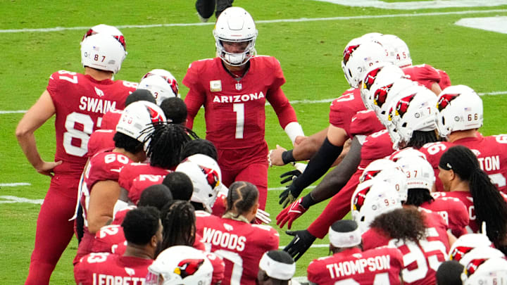 Nov 12, 2023; Glendale, AZ, USA; Arizona Cardinals quarterback Kyler Murray (1) makes 2023 debut against the Atlanta Falcons at State Farm Stadium. Mandatory Credit: Rob Schumacher-Arizona Republic