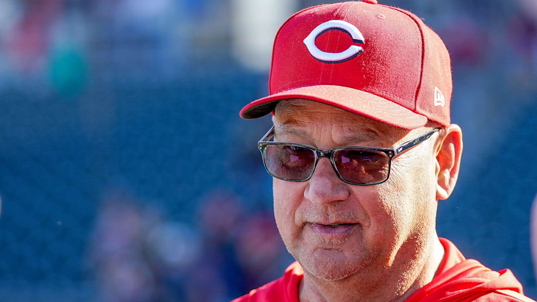 Cincinnati Reds manager Terry Francona (77) addresses media at the Conclusion of a Cactus League game against the Cleveland Guardians, Saturday, Feb. 21, 2026, at Goodyear Ballpark in Goodyear, Ariz. Guardians won 2-4.