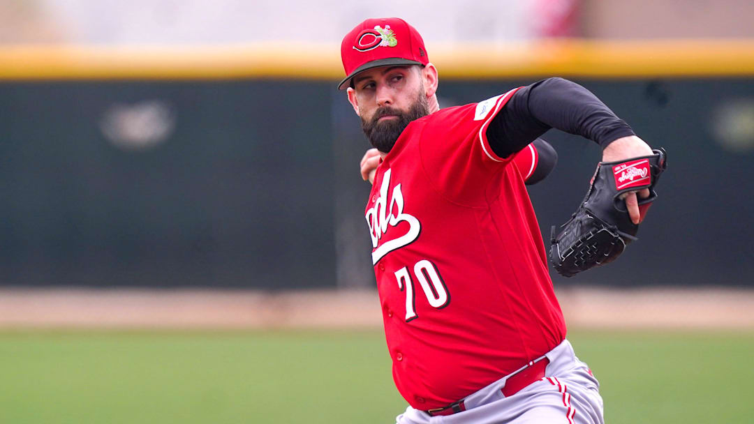 Cincinnati Reds pitcher Tejay Antone (70) throws during practice, Wednesday, Feb. 18, 2026, at the Cincinnati Reds player development complex in Goodyear, Ariz.